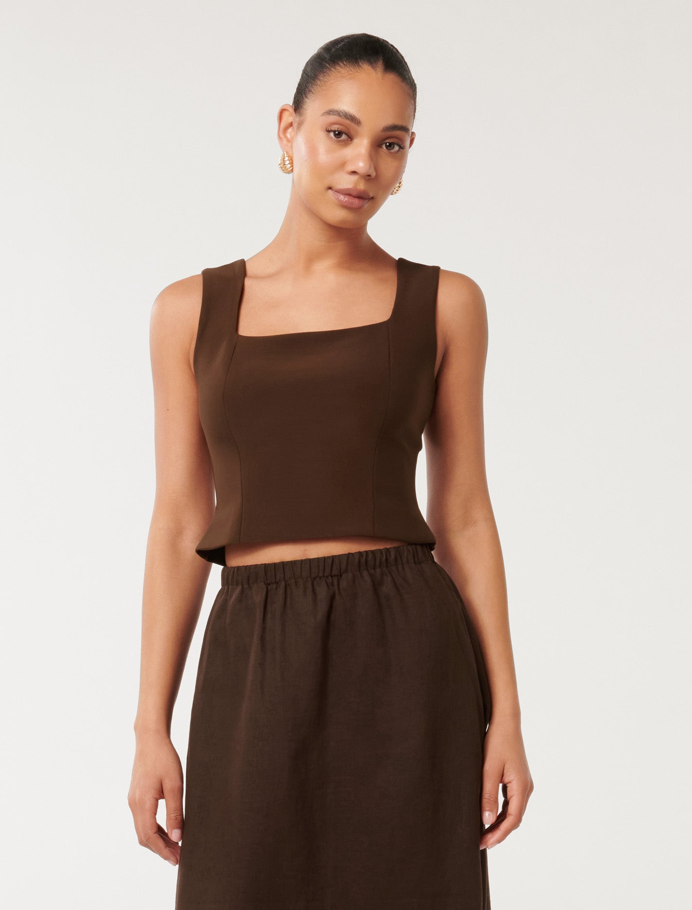 ★PLAGE_seoul★ Textured Square Longline Top_Brown Yas Square Neck Top Dark Brown | Forever New