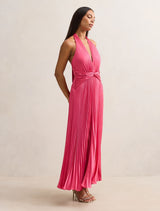 Natasha Pleated Satin Halter Maxi Dress