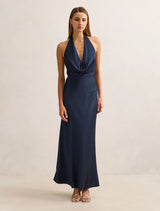 Becca Cowl Halter Satin Dress Navy Forever New
