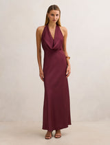 Becca Cowl Halter Satin Dress Port Forever New
