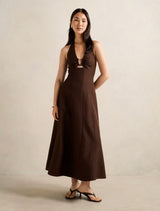 Angie Hardware Halter Linen Midi Dress Chocolate Forever New