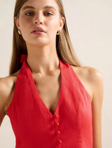 Ina Button Front Halter Linen Mini Dress Forever New