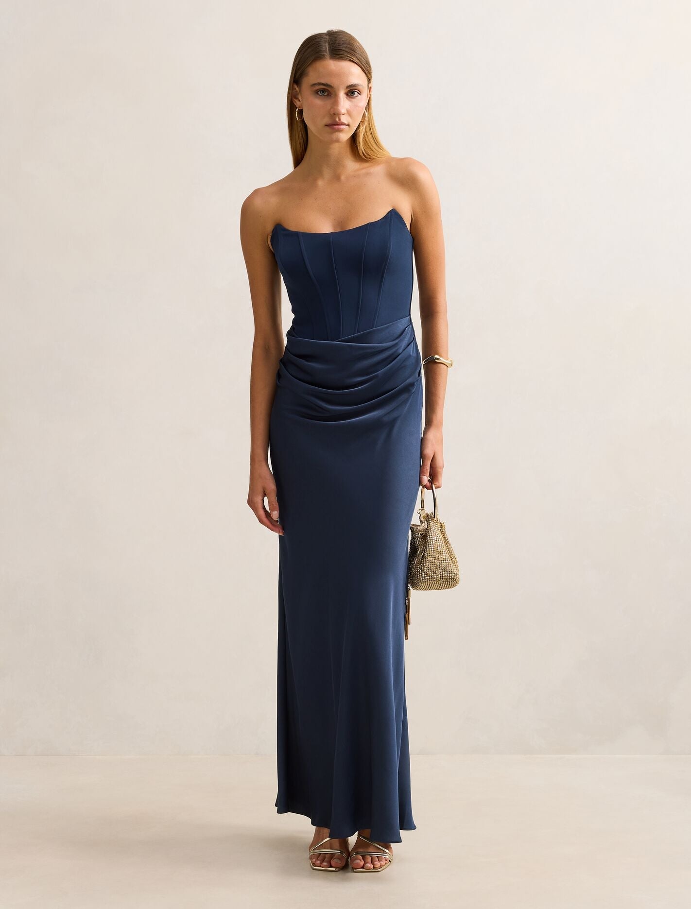 navy blue strapless maxi dress Isra Drape Strapless Maxi Dress Navy
