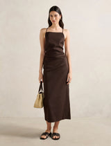 Stella Stretch Linen Midi Dress Chocolate Forever New
