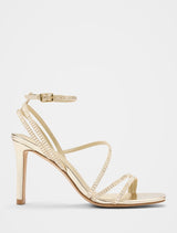 Crystal Jewelled Asymmetrical Strap PM Sandal Heel Gold Forever New