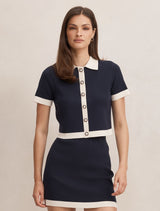Farah Knitted Button Through T-shirt Navy White Co Ord Forever New