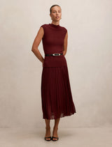 Lorelei Woven Mixed Midi Dress Burgundy Rose B Forever New
