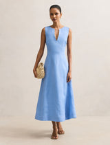 Pippi Petite V Neck Linen Midi Dress Azurine Forever New