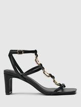 Gracie Ring Detail T Bar Strappy Sandal Heel Black Forever New