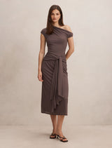Piper Draped Tie Mesh Midi Dress Plum Truffle Forever New