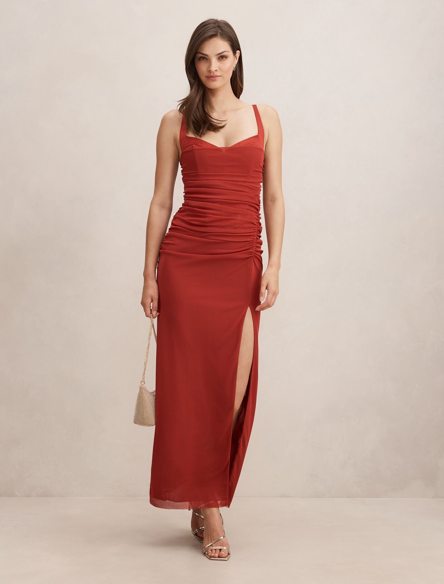 Evie Ruched Mesh Bodycon Dress Brick Red