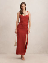 Evie Ruched Mesh Bodycon Dress Brick Red Forever New