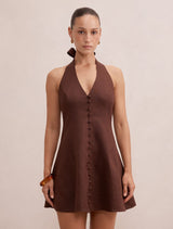 Ina Petite Halter Linen Mini Dress Chocolate Forever New