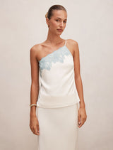 Adele One Shoulder Lace Trim Top Champagne Blue Co-ord Forever New