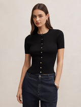 Sophie Button Through Rib T-Shirt Black Forever New