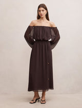 Elodie Off Shoulder Midi Dress Dark Chocolate Forever New