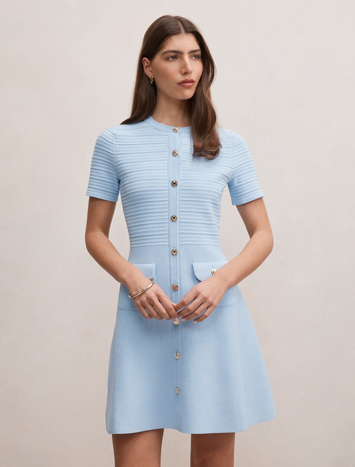 Anika Stitch Interest Knit Mini Dress Soft Blue