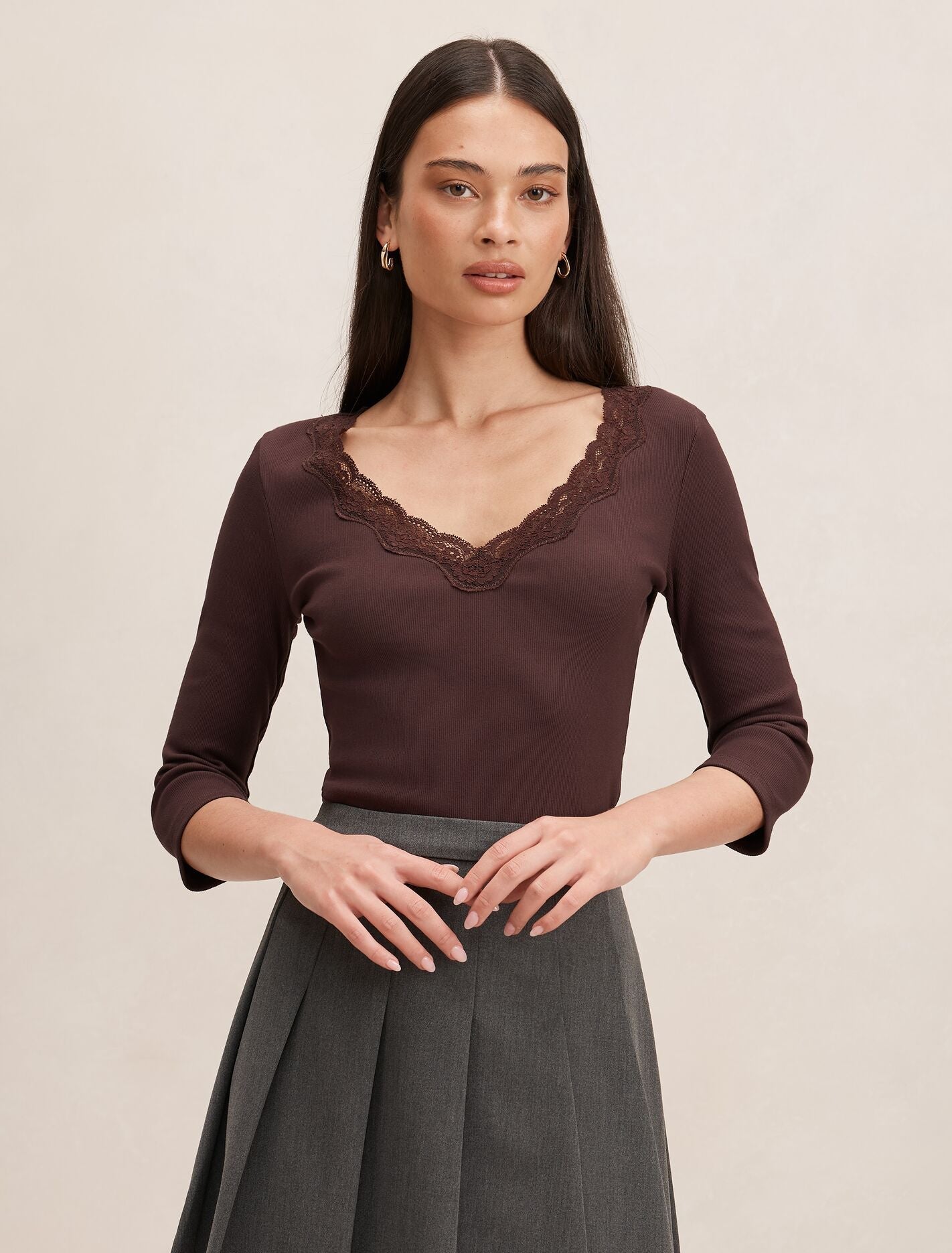 Selena Trim Lace Long Sleeve Top Chocolate | Forever New