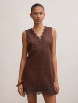 Zali Lace Trim Linen Mini Dress Chocolate Forever New