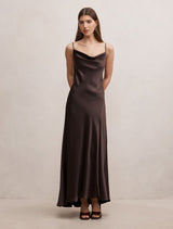 Tilesha Satin Cowl Slip Maxi Dress Warm Chocolate Forever New
