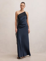 Sylvie Asym Satin Bias Dress Navy Black Forever New