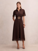 Eliana Lace Trim Linen Midi Dress Chocolate Freckle Forever New