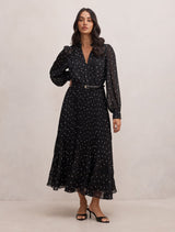 Clara Pleated Lace Trim Midi Dress Dark Risley Spot Forever New
