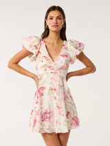June Ruched V Neck Mini Dress Blush Lyell Floral Forever New