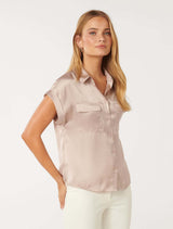 Sawyer Satin Short Sleeve Shirt Forever New