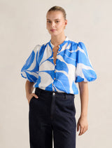 Paloma Puff Sleeve Blouse Blue Liston Stencil Forever New