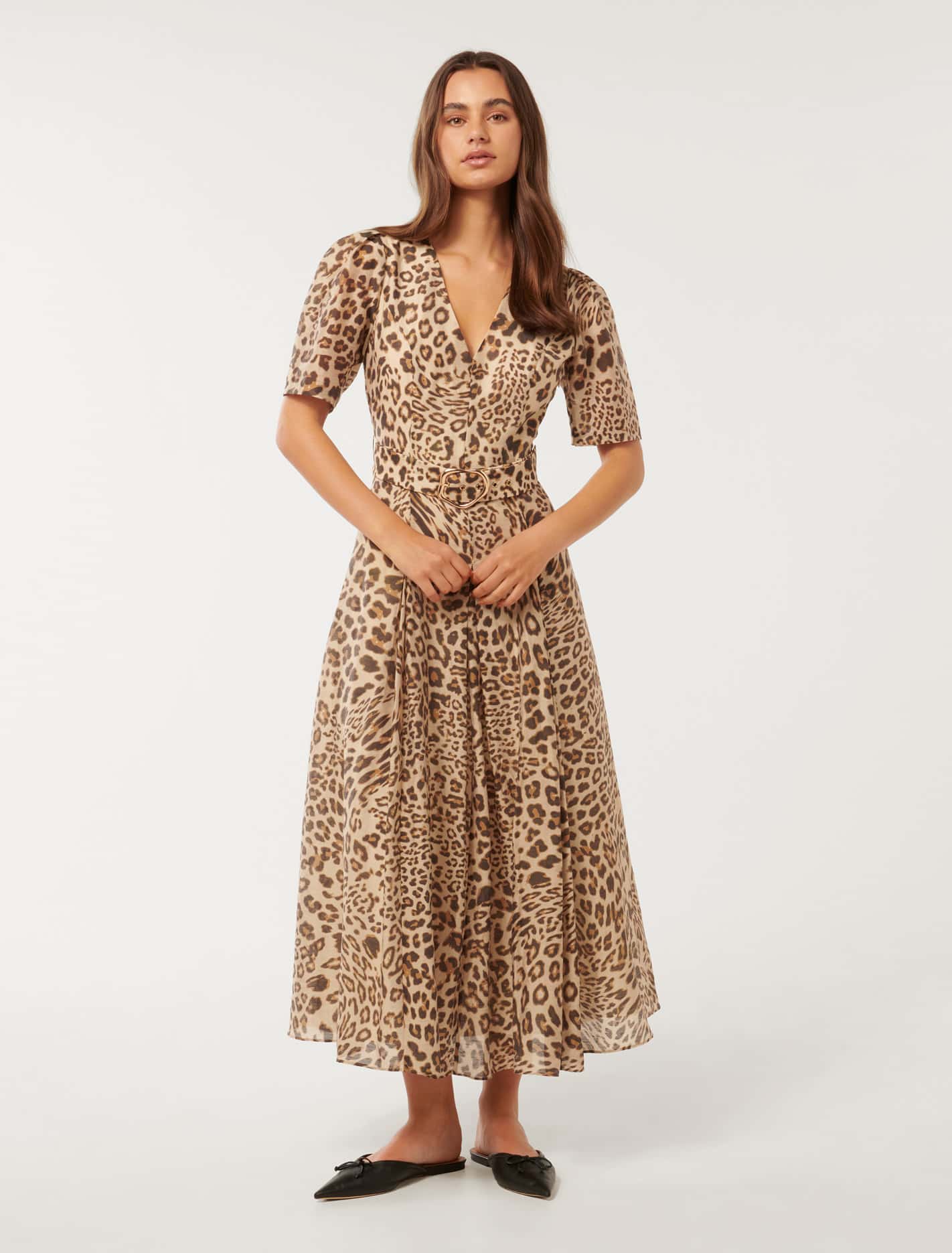 melinda midi dress Melinda Belted Midi Dress Leopard Swirl