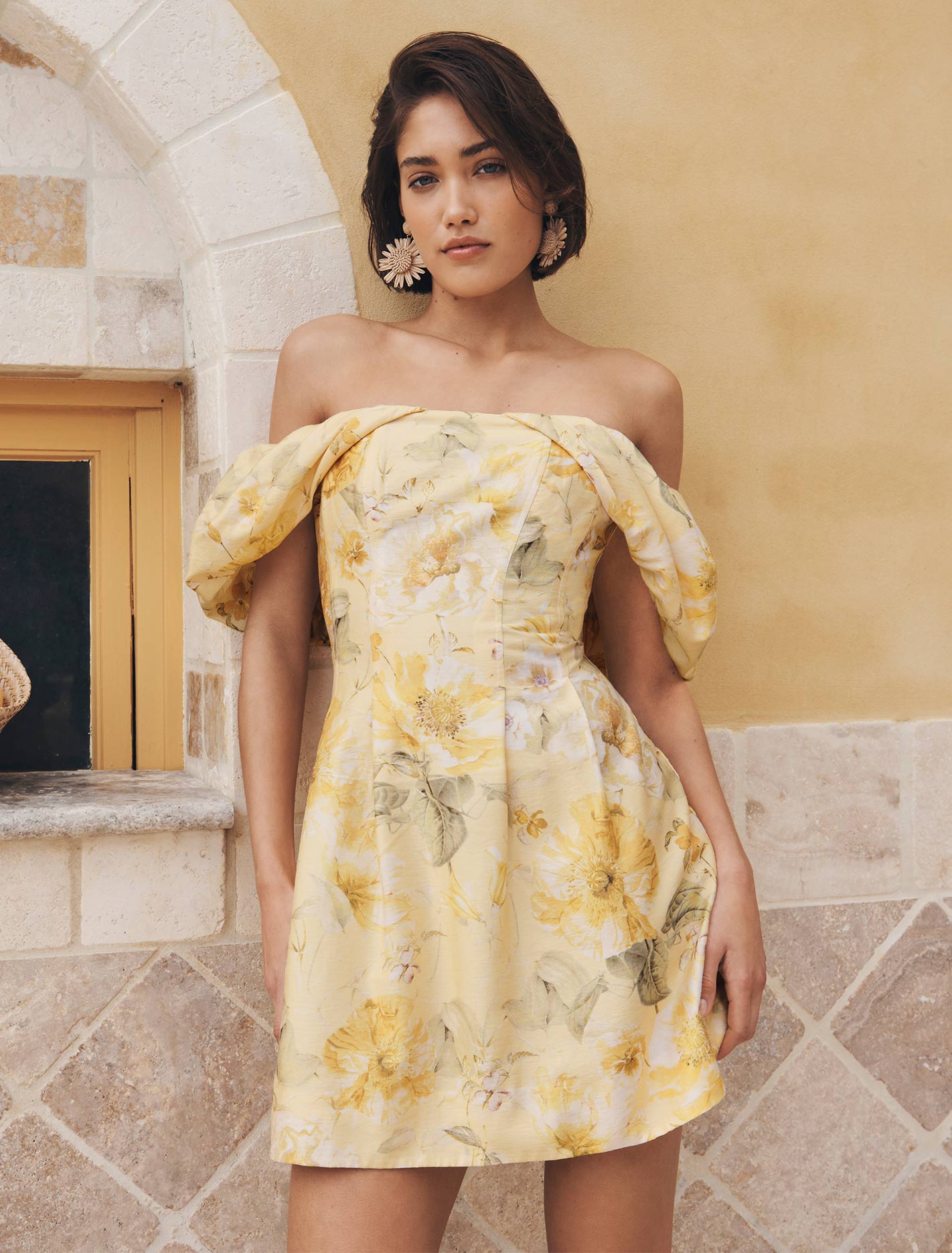 Jacquie Off Shoulder Mini Dress Gold Botanical | Forever New