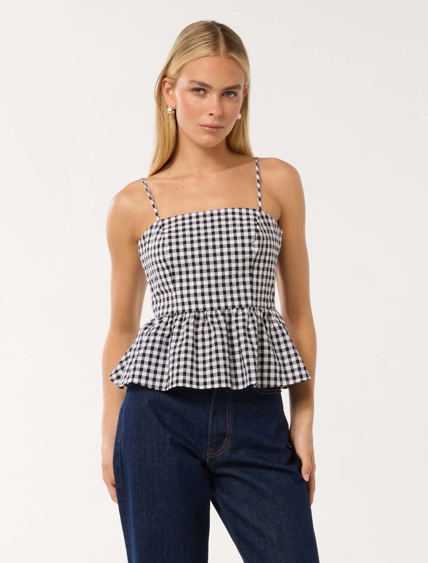 Tayah Tie Back Peplum Top Black/White Gingham | Forever New