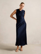Ava Draped Satin Maxi Dress Navy Forever New