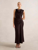 Ava Draped Satin Maxi Dress Dark Chocolate Forever New