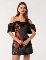 Janice Off Shoulder Mini Dress Black Kelby Floral Forever New