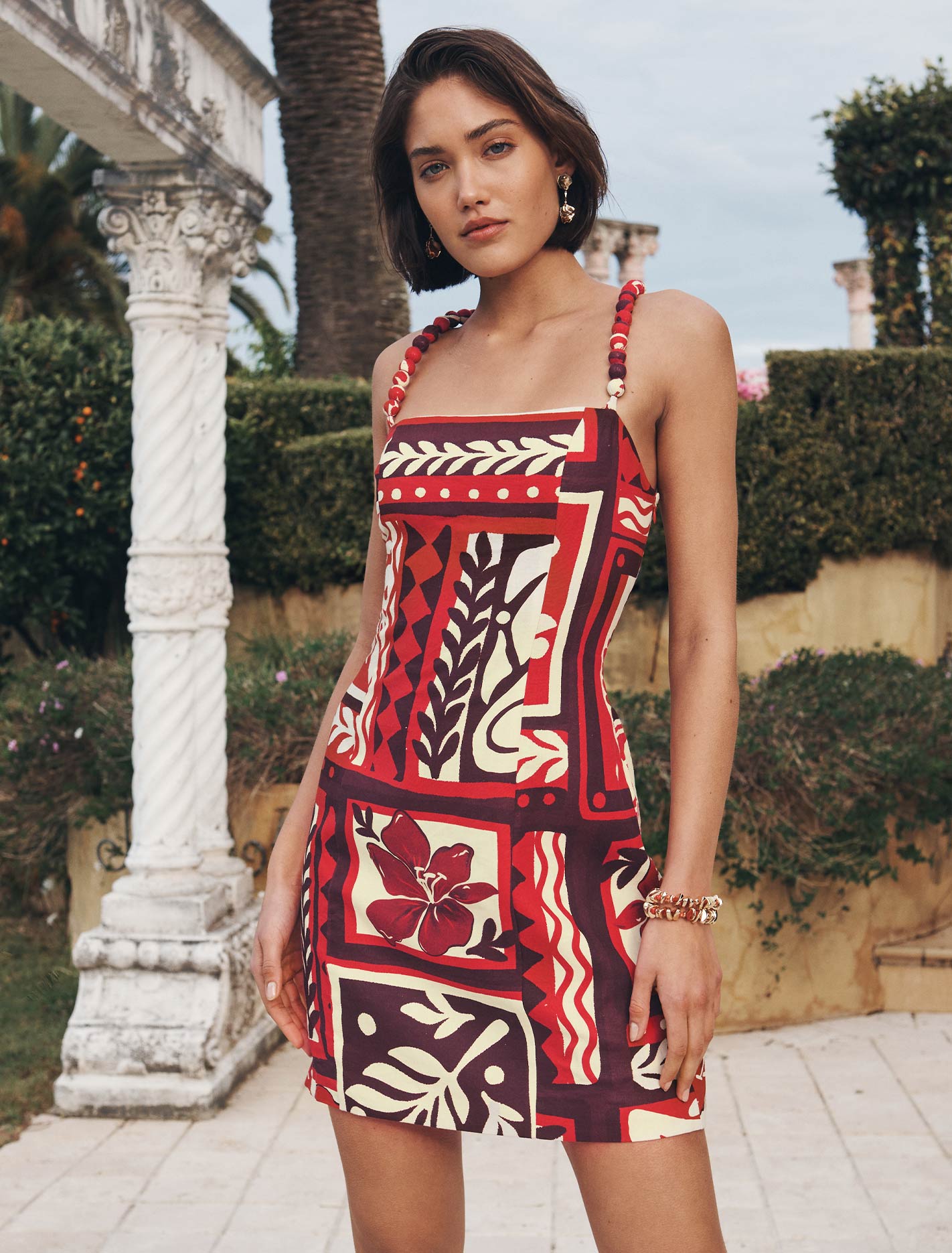 Sasha Strappy Printed Linen Mini Dress Athena Tile | Forever New