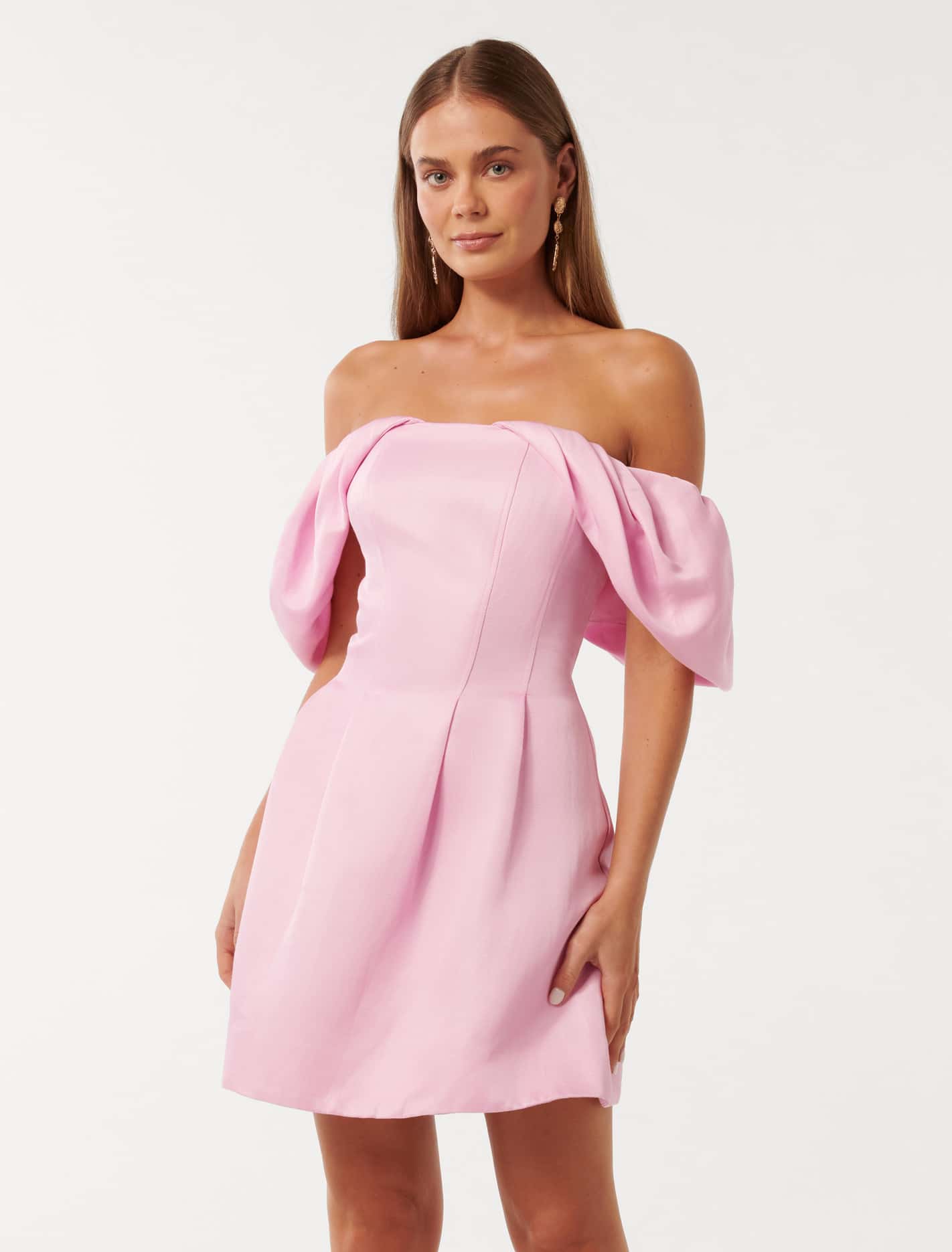 ★ ★Pink CKJ Off Duty Holiday Round Shoulde PINK Pink 1960s Glitter Off-Shoulder Plush Wrinkle Dress | Retro