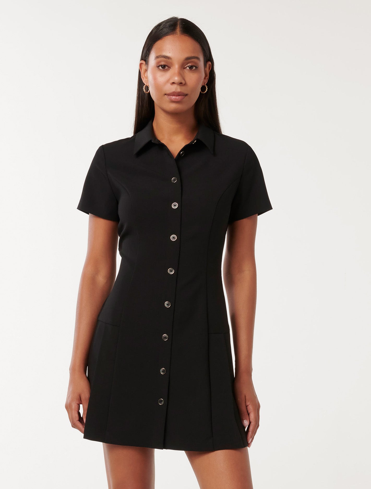 Winnie Pleated Button Down Mini Dress Black | Forever New
