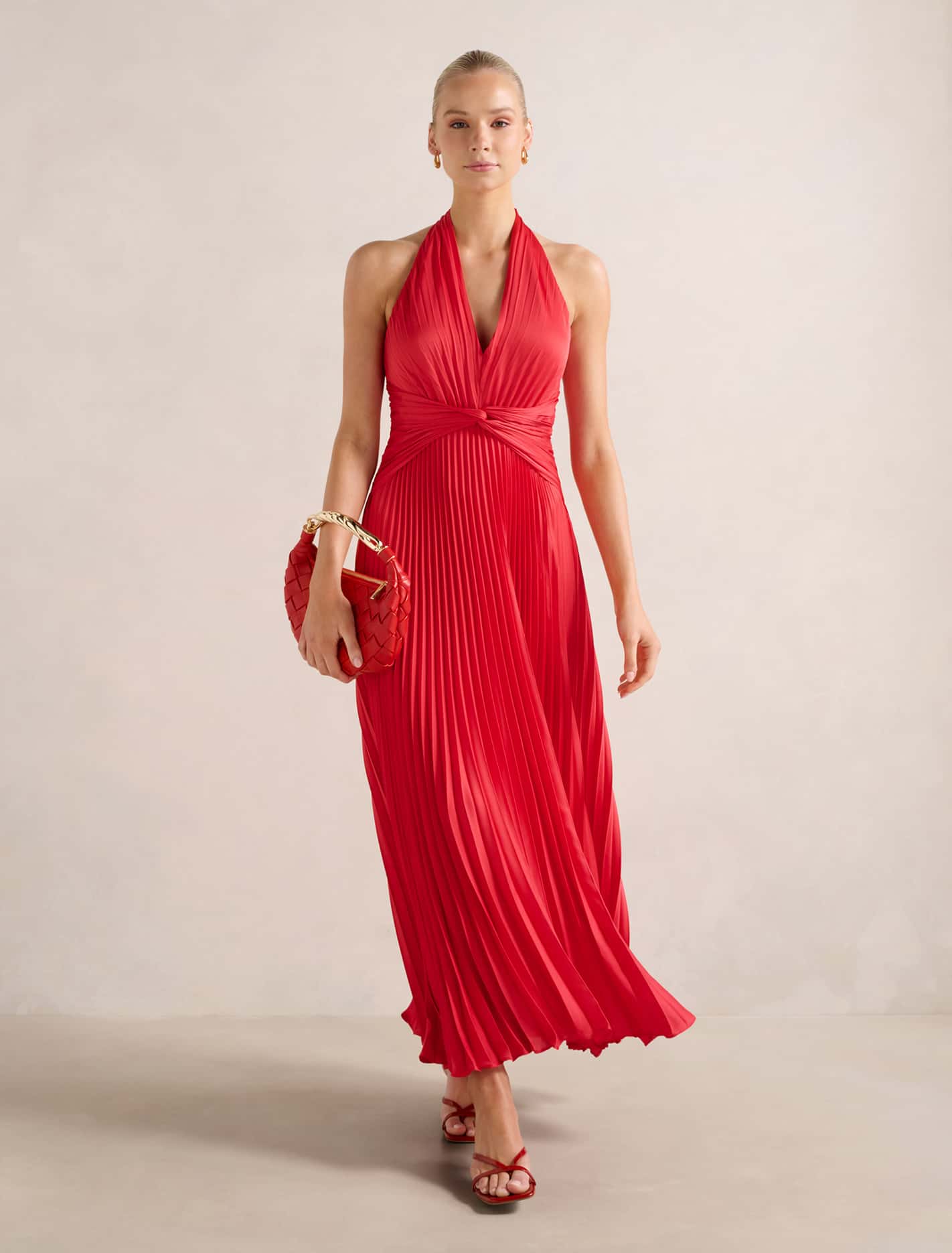 forever new semi formal dresses Natasha Pleated Satin Halter Maxi Dress Watermelon 11308148-700