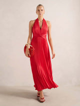Natasha Pleated Satin Halter Maxi Dress Watermelon Forever New