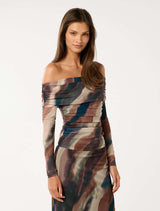 Kaia Ruched Mesh Bardot Top Forever New