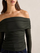 Kaia Ruched Mesh Bardot Top Forever New