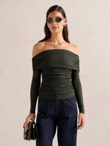 Kaia Ruched Mesh Bardot Top Dark Green Forever New