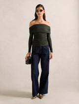 Kaia Ruched Mesh Bardot Top Forever New