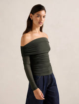 Kaia Ruched Mesh Bardot Top Forever New