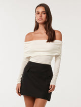 Kyla Long Sleeve Wool Blend Bardot Top Ivory Forever New