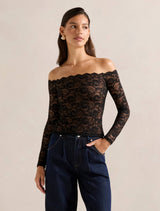 Dylan Lace Bardot Top Black Forever New