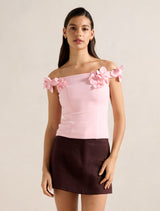 Faye Applique Bardot Top Soft Pink Forever New