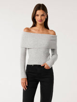 Ashley Ribbed Knit Bardot Sweater Soft Grey Forever New
